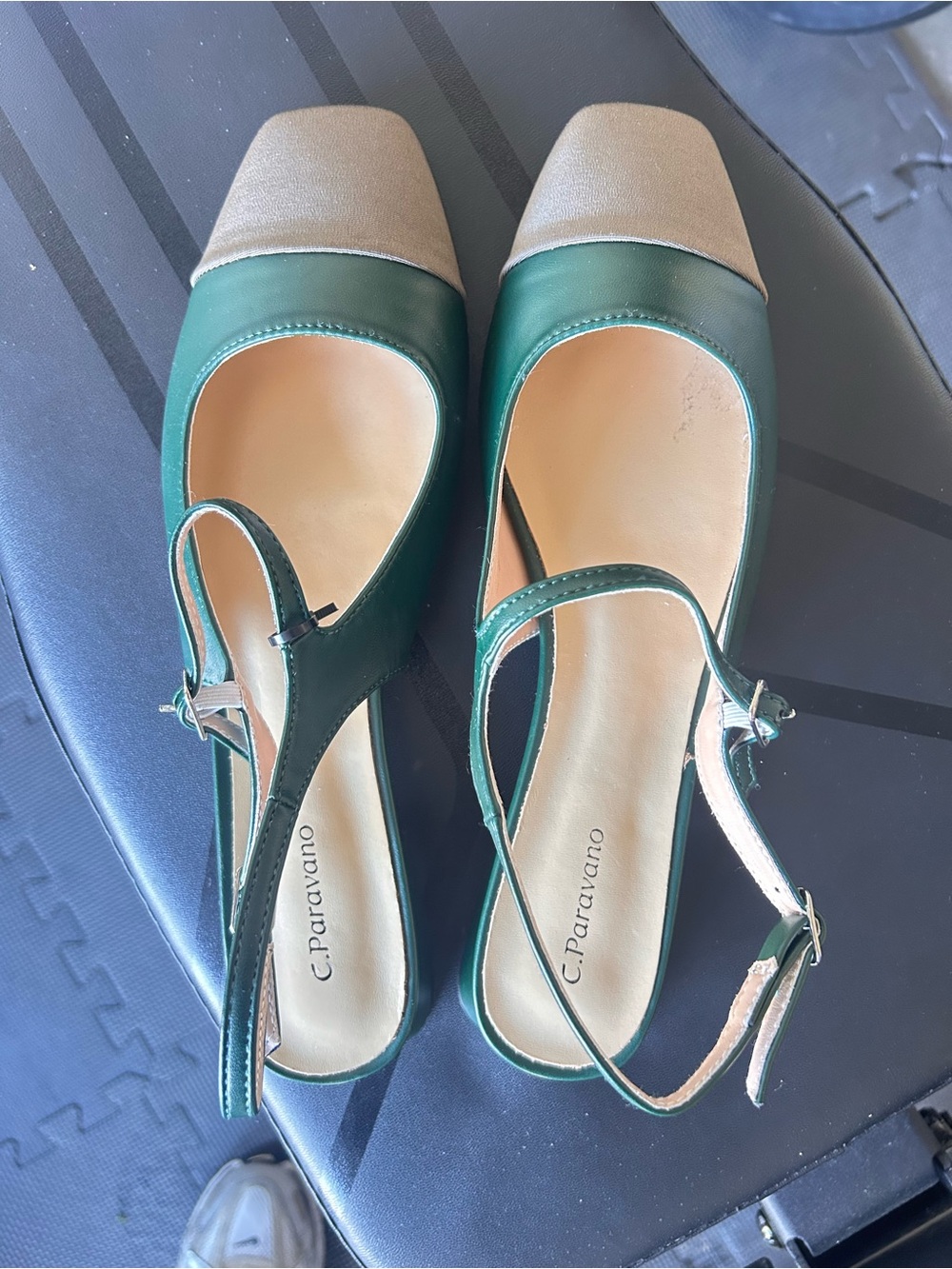 C. Paravano Green and Beige Square-Toe Slingback Flats